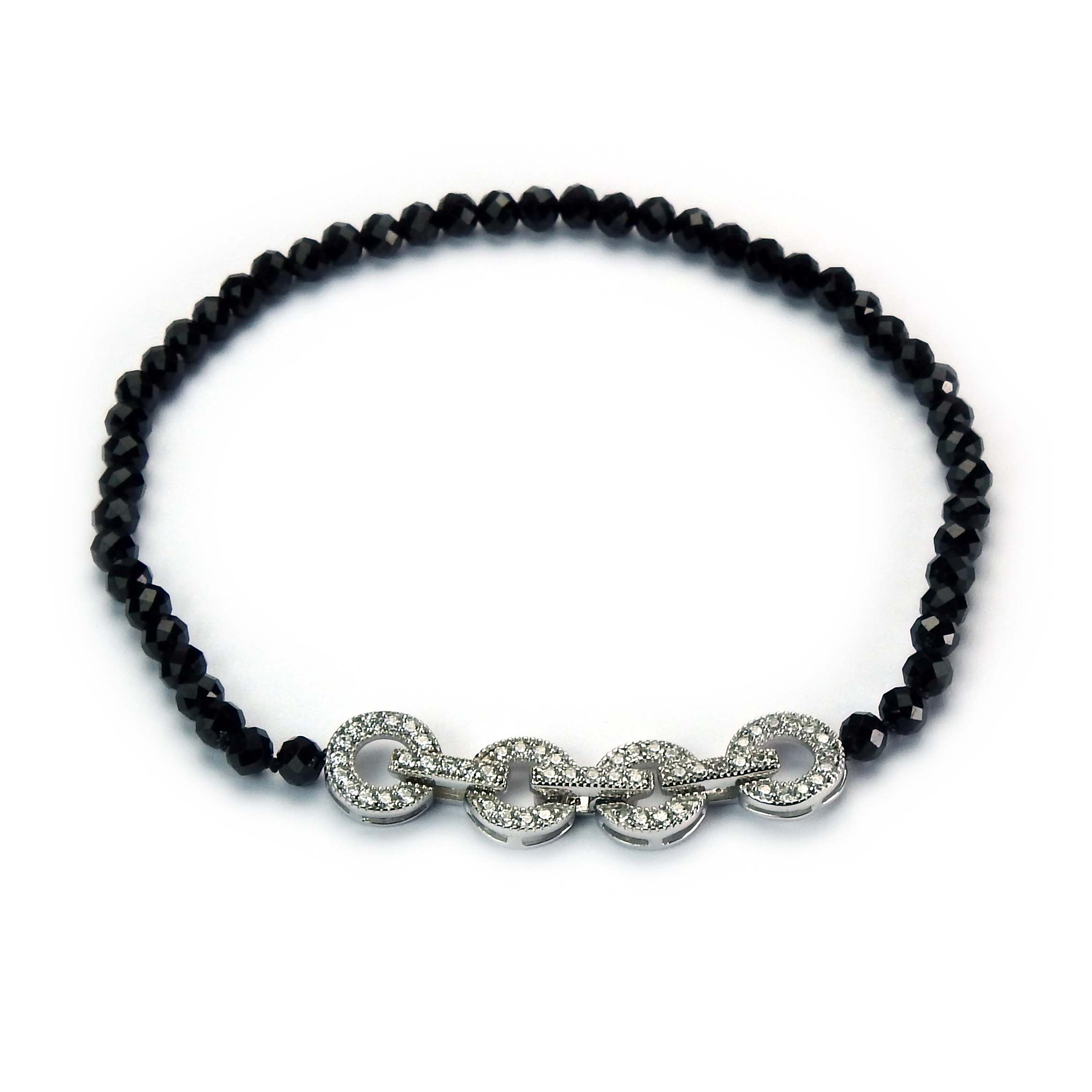 31015-1 Schwarzes Spinellarmband mit Silberschließe in Weißgoldoptik