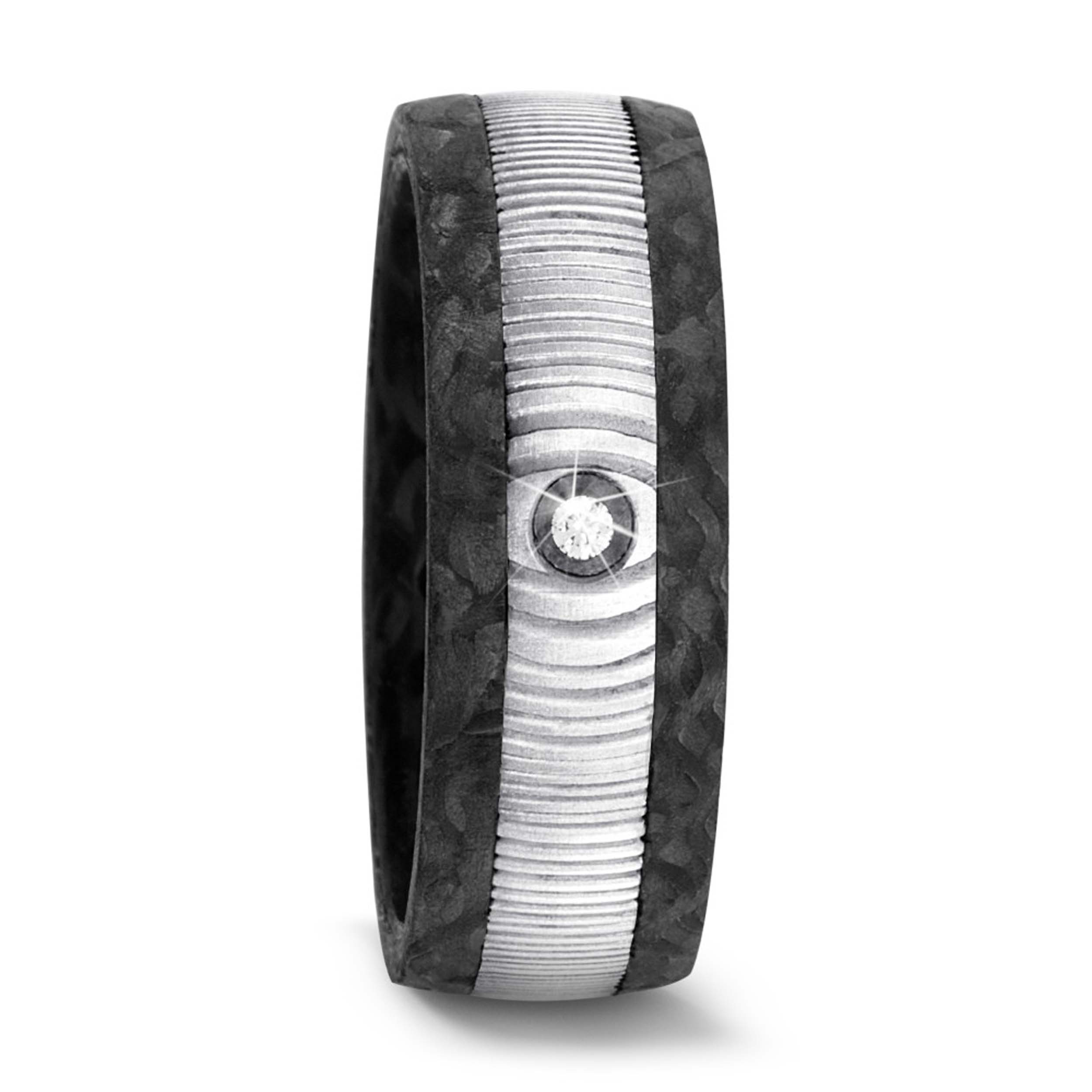 10535 Titan Factory Trauring Damaszener Stahl und Carbon mit Brillant