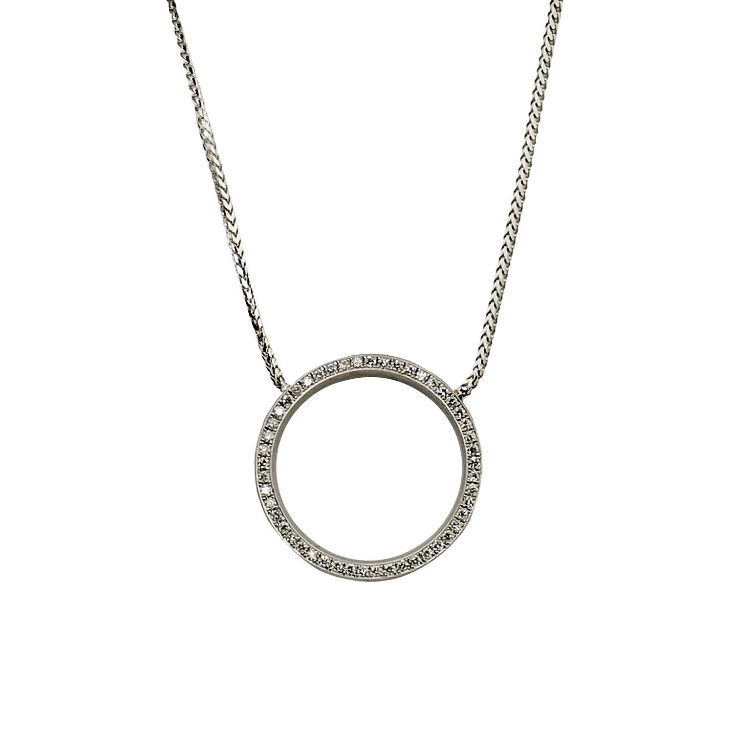 33109-2 Halskette mit Brillanten, kreisförmiges Mittelteil, Weißgold 585/000 Unikat