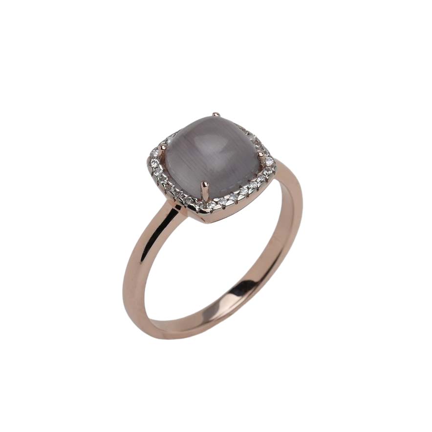 33057 Damenring aus roségoldfarbenem Silber mit synthetischem Katzenauge und Zirkonia