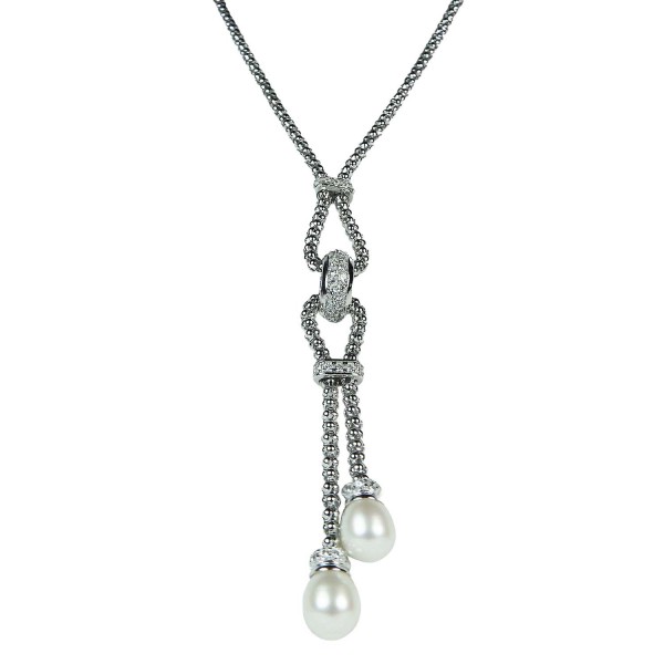 Halskette aus rhodiniertem Sterlingsilber mit Zirkonia und Perlen
