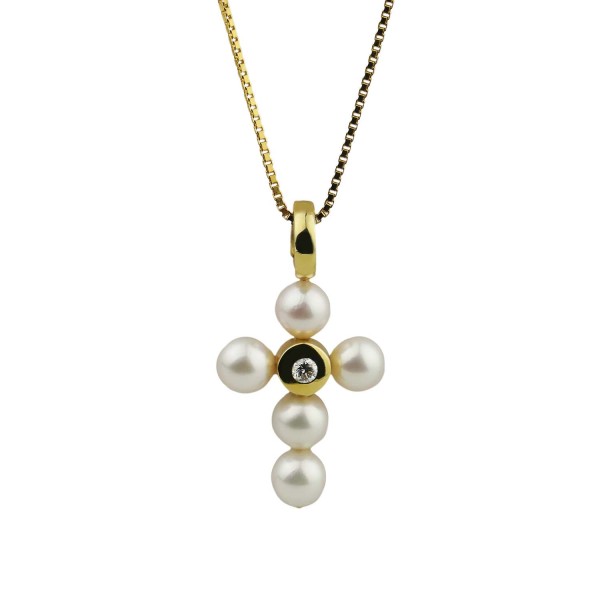 Kreuz Clip-Anhänger mit Perlen und Brillant 0,15 ct. Gelbgold 585/000